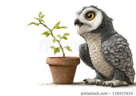 An owl sits next to a pot and a young plant. Space for text. An owl sits next to a pot and a young plant. Space for text. 138437814