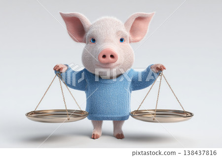 Pig in a blue sweater holding an empty scale. Pig in a blue sweater holding an empty scale. 138437816