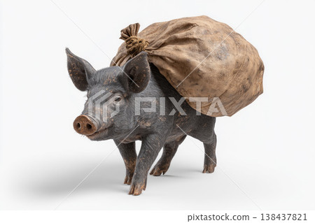 A black pig carries a large sack on its back. A black pig carries a large sack on its back. 138437821