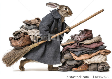 A rabbit in a coat with a broom next to piles of clothes. 138437829