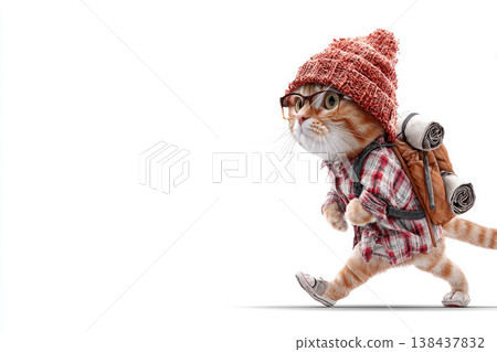 A ginger cat in a hat and glasses with a hiking backpack. Space for text. A ginger cat in a hat and glasses with a hiking backpack. Space for text. 138437832