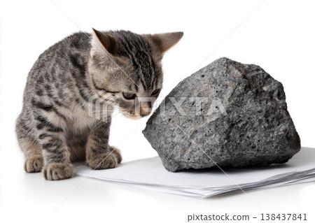 A gray kitten looks at a large stone on sheets of paper. 138437841