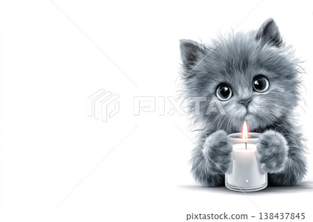 Fluffy gray kitten holding a lit candle. Space for text. Fluffy gray kitten holding a lit candle. Space for text. 138437845