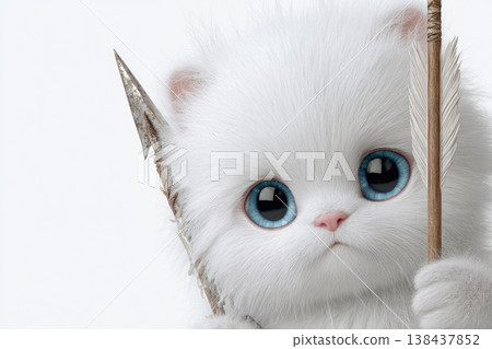 A white fluffy kitten between two arrows. Space for text. A white fluffy kitten between two arrows. Space for text. 138437852