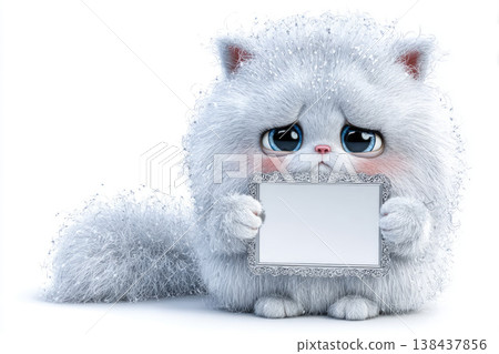 A white fluffy cat holding an empty decorative frame. Space for text. 138437856