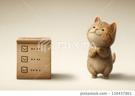 A small cat stands next to a wooden ballot box. Space for text. 138437861