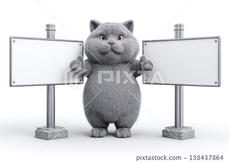 A gray fluffy cat between two empty metal plates. Space for text. A gray fluffy cat between two empty metal plates. Space for text. 138437864