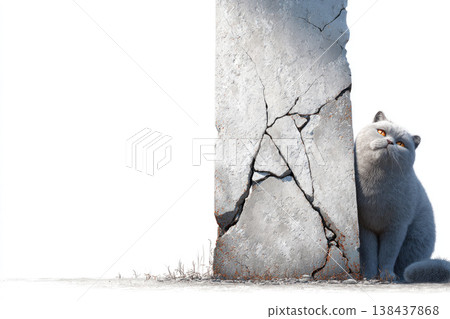 A gray cat peeks out from behind a cracked concrete wall. Space for text. 138437868