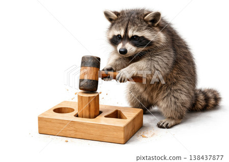 A raccoon with a wooden hammer at a sorter toy. Space for text. A raccoon with a wooden hammer at a sorter toy. Space for text. 138437877