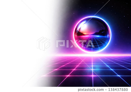 Glowing neon sphere above the grid on a dark background. Space for text. Glowing neon sphere above the grid on a dark background. Space for text. 138437880