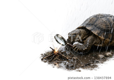 A turtle lights a fire through a magnifying glass in the rain. Space for text. A turtle lights a fire through a magnifying glass in the rain. Space for text. 138437894