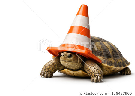 A turtle in an orange traffic cone on its head. Space for text. A turtle in an orange traffic cone on its head. Space for text. 138437900