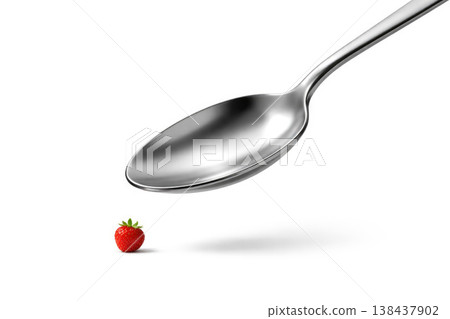 A huge metal spoon over a small strawberry. Space for text. A huge metal spoon over a small strawberry. Space for text. 138437902
