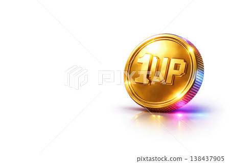 A gold coin with the inscription 1up on a light background. Space for text. A gold coin with the inscription 1up on a light background. Space for text. 138437905