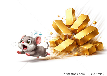A frightened mouse runs from falling gold bars. Space for text. A frightened mouse runs from falling gold bars. Space for text. 138437952