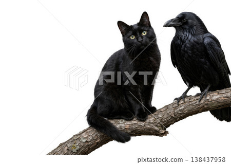 A black cat and a raven on a branch. Space for text. A black cat and a raven on a branch. Space for text. 138437958