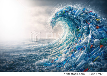A sea wave of plastic bottles in the ocean. Space for text. A sea wave of plastic bottles in the ocean. Space for text. 138437973