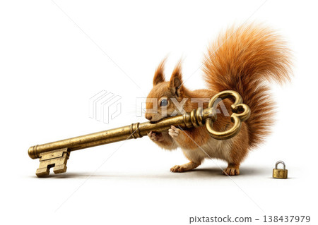 Squirrel holds a large antique key next to the lock. Space for text. Squirrel holds a large antique key next to the lock. Space for text. 138437979
