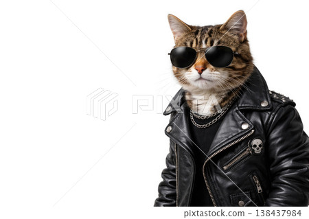 A cat in a leather jacket and sunglasses. Space for text. 138437984