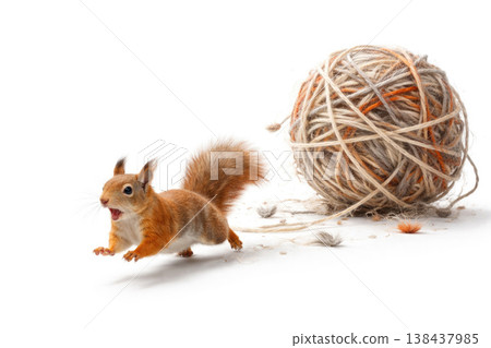 A red squirrel runs next to a ball of thread on a white background. Space for text. 138437985