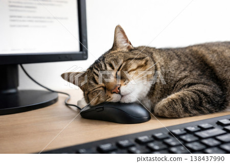 Sleeping tabby cat on computer mouse near monitor. Sleeping tabby cat on computer mouse near monitor. 138437990