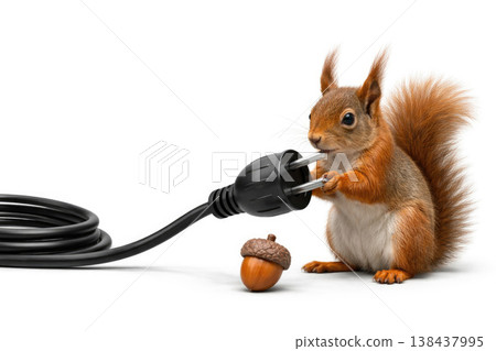 A squirrel holds an electric plug next to an acorn. Space for text. A squirrel holds an electric plug next to an acorn. Space for text. 138437995