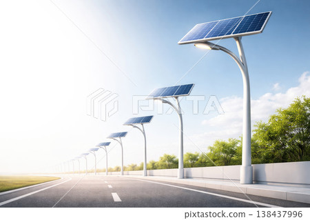 A row of solar lights with panels along an empty road. Space for text. A row of solar lights with panels along an empty road. Space for text. 138437996