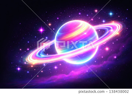 A glowing planet with rings in space. 138438002