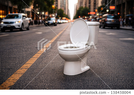 A toilet bowl in the middle of a city street. A toilet bowl in the middle of a city street. 138438004