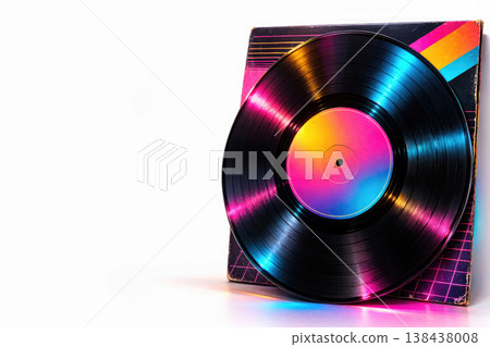 Vinyl record on a bright sleeve on a light background. Space for text. Vinyl record on a bright sleeve on a light background. Space for text. 138438008