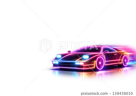 Neon sports car with lighting on a light background. Space for text. 138438010