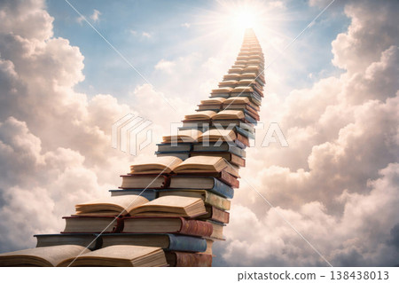 A staircase of books goes into the sky to the sun. A staircase of books goes into the sky to the sun. 138438013