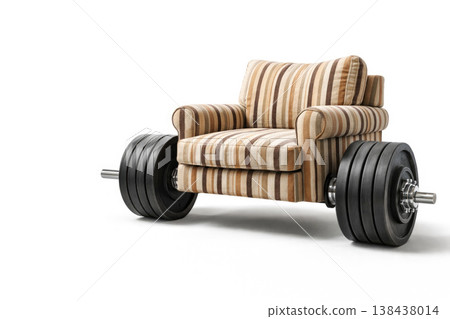 Striped chair on wheels made of a barbell. Space for text. Striped chair on wheels made of a barbell. Space for text. 138438014
