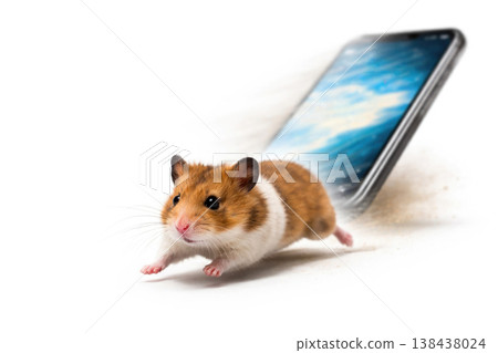 Hamster running out of a smartphone on a light background. Space for text. Hamster running out of a smartphone on a light background. Space for text. 138438024