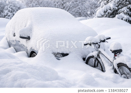 A car and a bicycle covered with deep snow in winter. A car and a bicycle covered with deep snow in winter. 138438027
