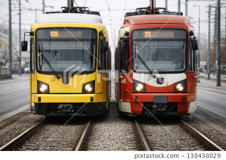 Two city trams on parallel rails in front. Two city trams on parallel rails in front. 138438029