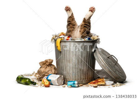 A cat with its paws upside down in an overflowing garbage can. Space for text. 138438033