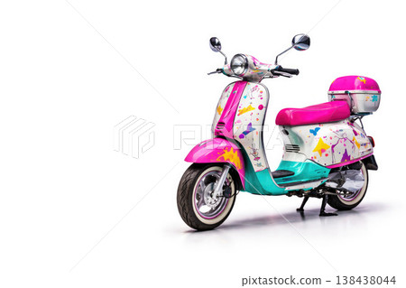 Pink scooter with decorative pattern on light background. Space for text. 138438044