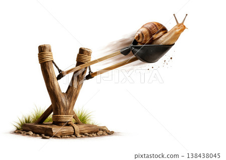 The snail flies out of the slingshot. Space for text. The snail flies out of the slingshot. Space for text. 138438045