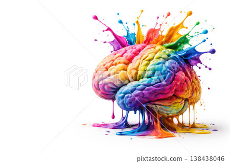 A multi-colored brain with a splash of paint on a light background. Space for text. 138438046