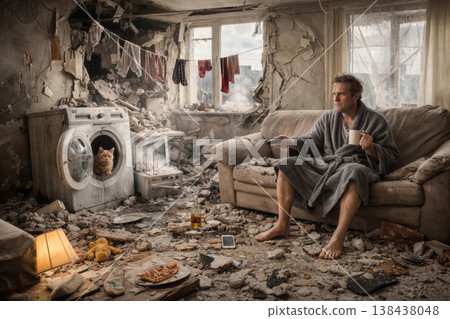 A man on the sofa in a destroyed room with a cat. A man on the sofa in a destroyed room with a cat. 138438048