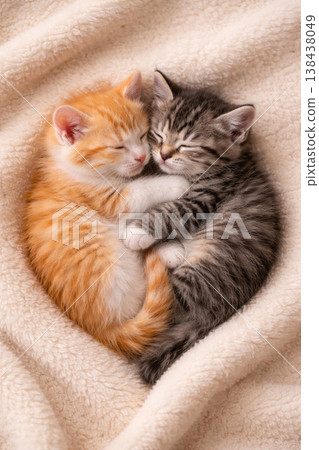 Two sleeping kittens on a soft blanket close-up. Two sleeping kittens on a soft blanket close-up. 138438049