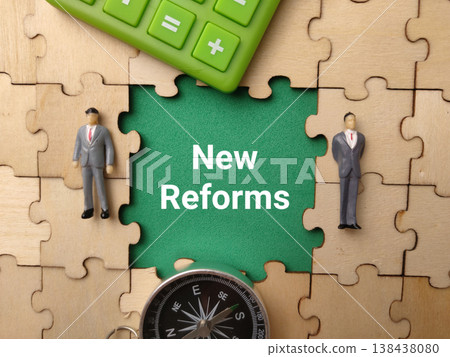 Text New Reforms centrally on a green puzzle piece, flanked by two figures, with a calculator at the top and a compass at the bottom. 138438080
