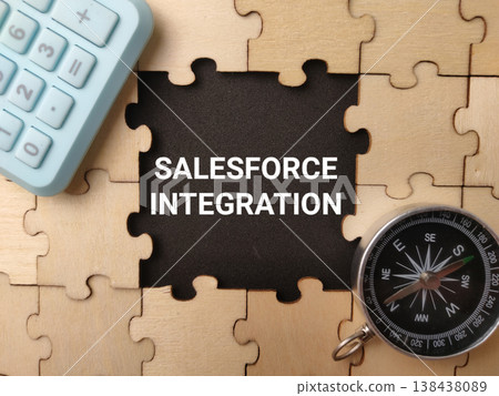 : A high-angle conceptual business flat lay featuring the words SALESFORCE INTEGRATION on a black background. : A high-angle conceptual business flat lay featuring the words SALESFORCE INTEGRATION on a black background. 138438089