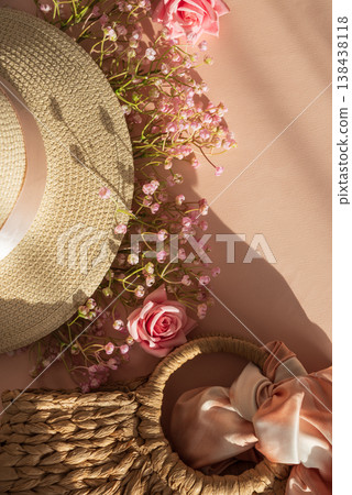 Straw Hats, Handbag and Flowers. Straw Hats, Handbag and Flowers. 138438118