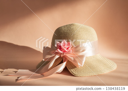Straw Hat with Pink Ribbon on Pink Background. Straw Hat with Pink Ribbon on Pink Background. 138438119
