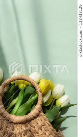 Mothers Day Straw Bag with Colorful Tulips on Blue Background Mothers Day Straw Bag with Colorful Tulips on Blue Background 138438129