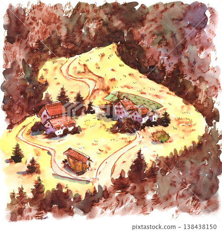 Watercolor Painting of Alpine Village Scene 138438150