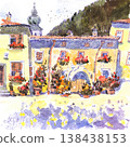 Watercolor Painting of European Village Buildings 138438153