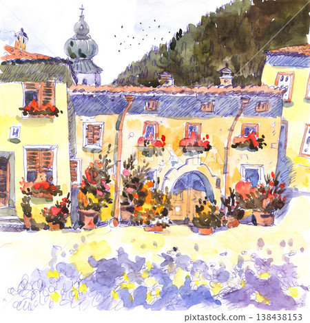 Watercolor Painting of European Village Buildings Watercolor Painting of European Village Buildings 138438153